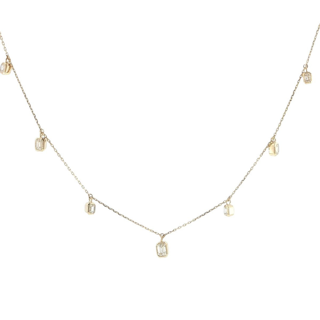 14K Yellow Gold Emerald Cut Diamond 7 Station Necklace