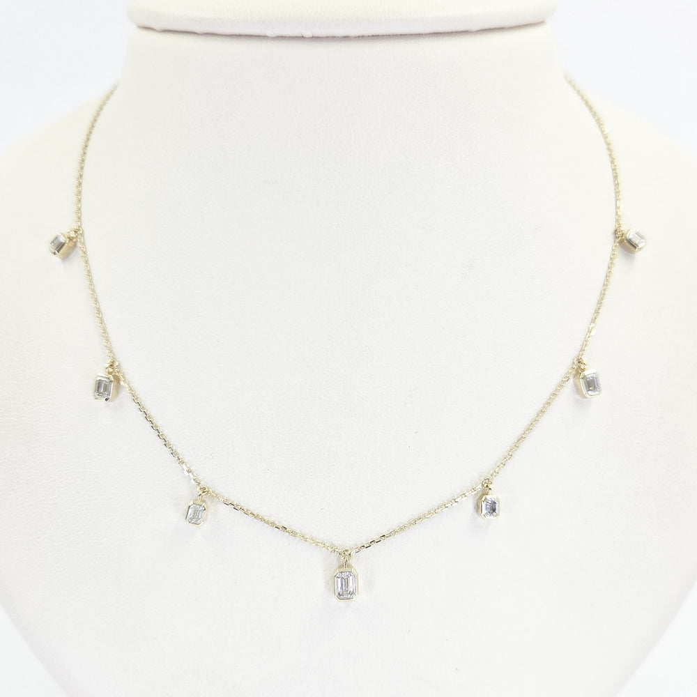 14K Yellow Gold Emerald Cut Diamond 7 Station Necklace