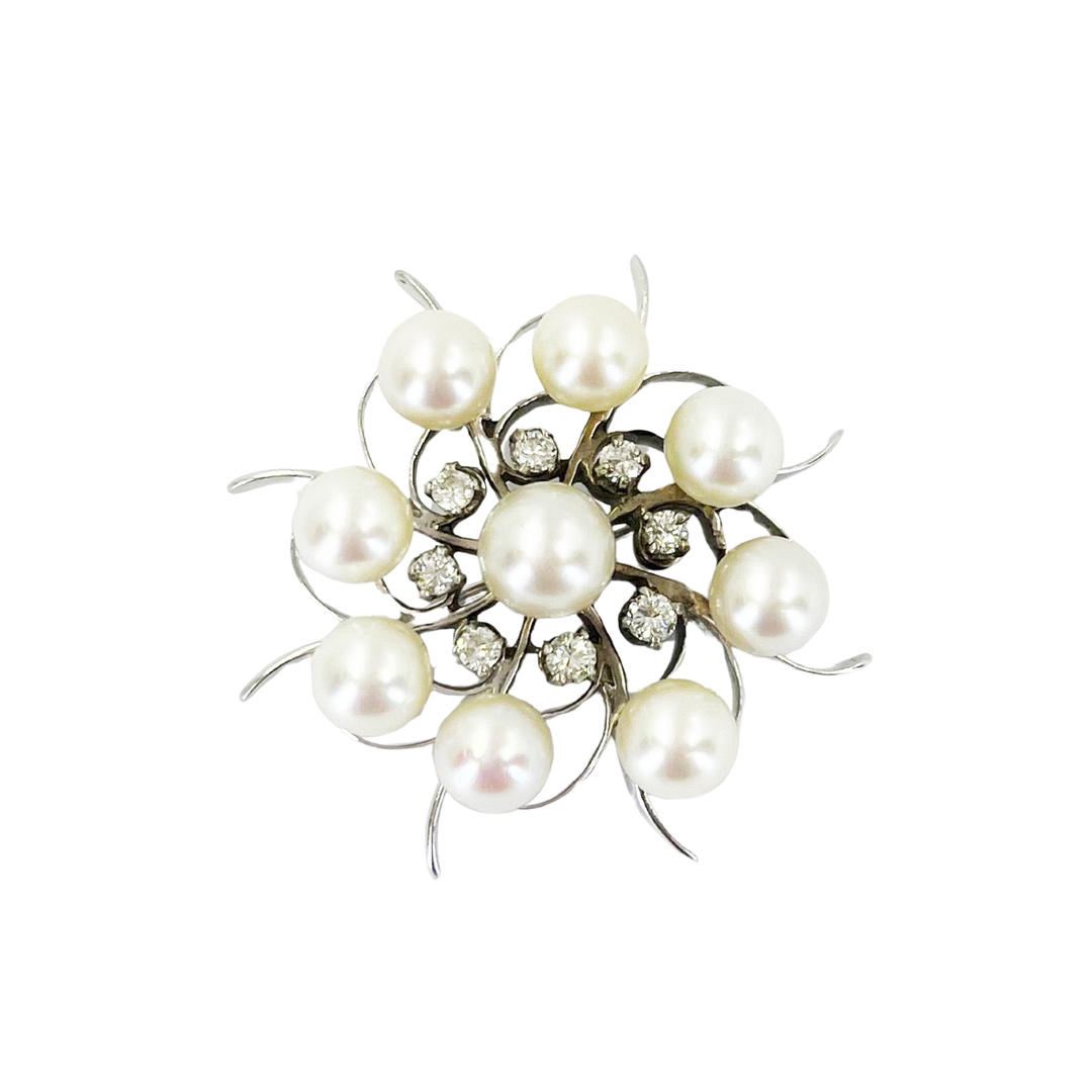 14K White Gold Circular Brooch with Diamonds & Cultured Pearls
