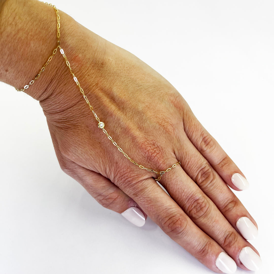 14K Yellow Gold Diamond Hand Chain Bracelet