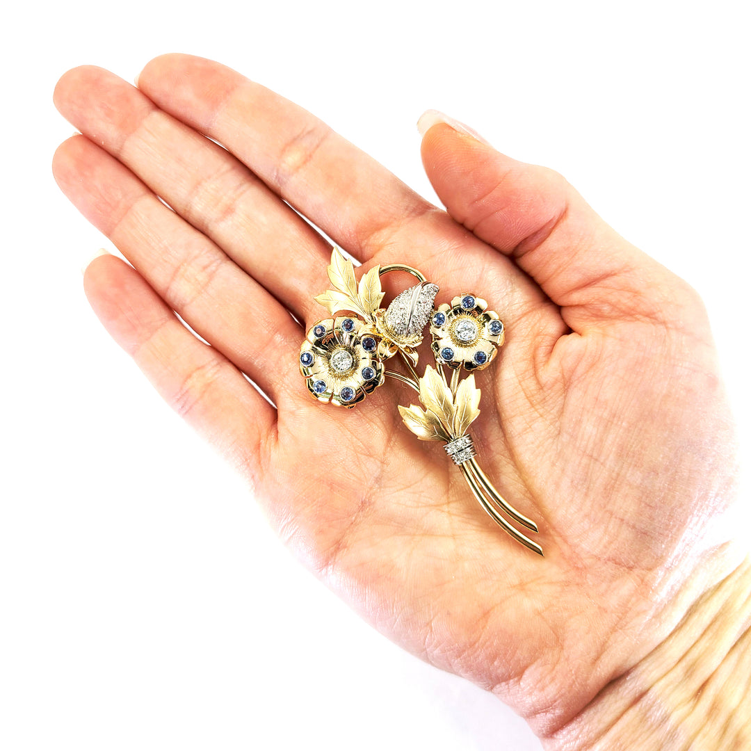 Sapphire and Diamond Flower Brooch