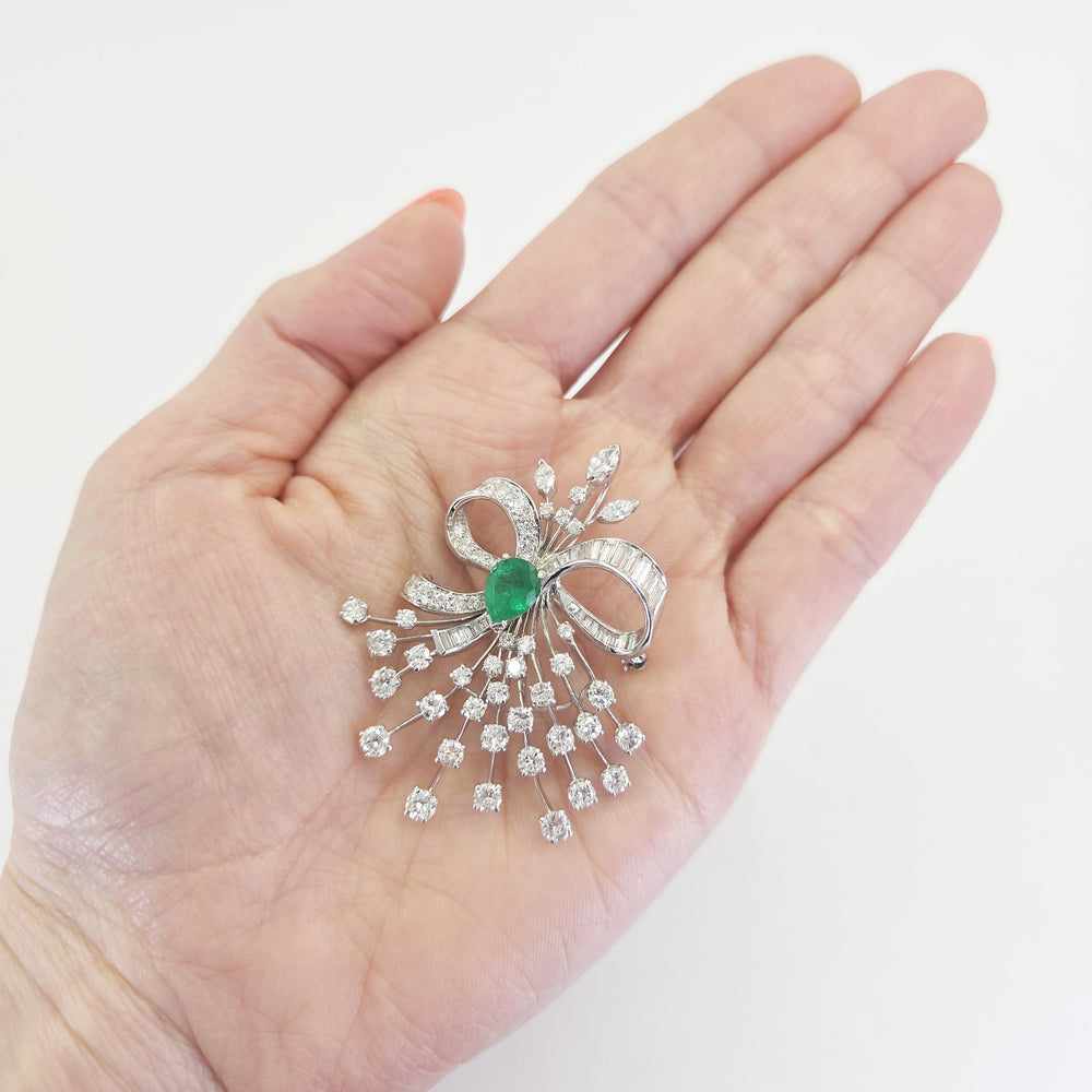 Platinum Bouquet Brooch with Emerald & Diamonds