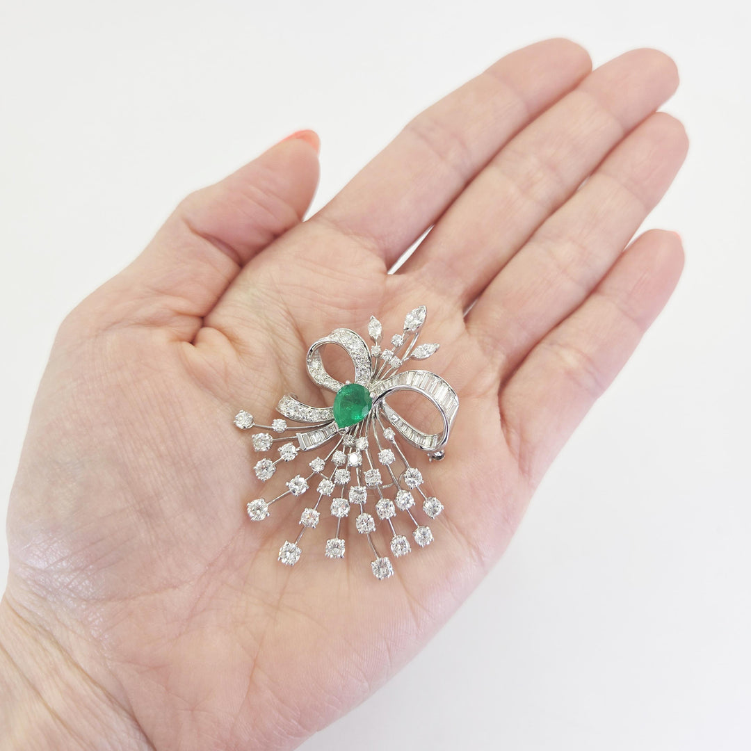 Platinum Bouquet Brooch with Emerald & Diamonds