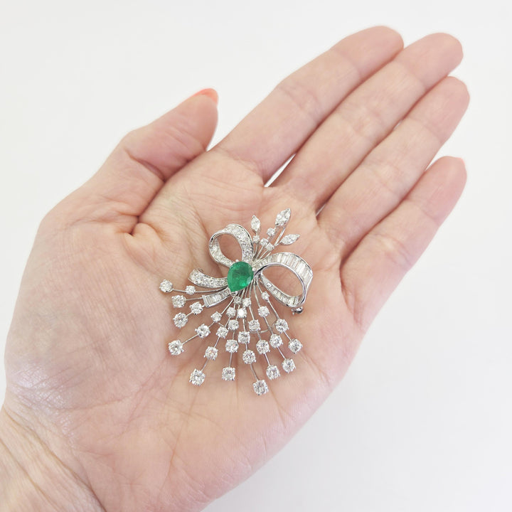 Platinum Bouquet Brooch with Emerald & Diamonds