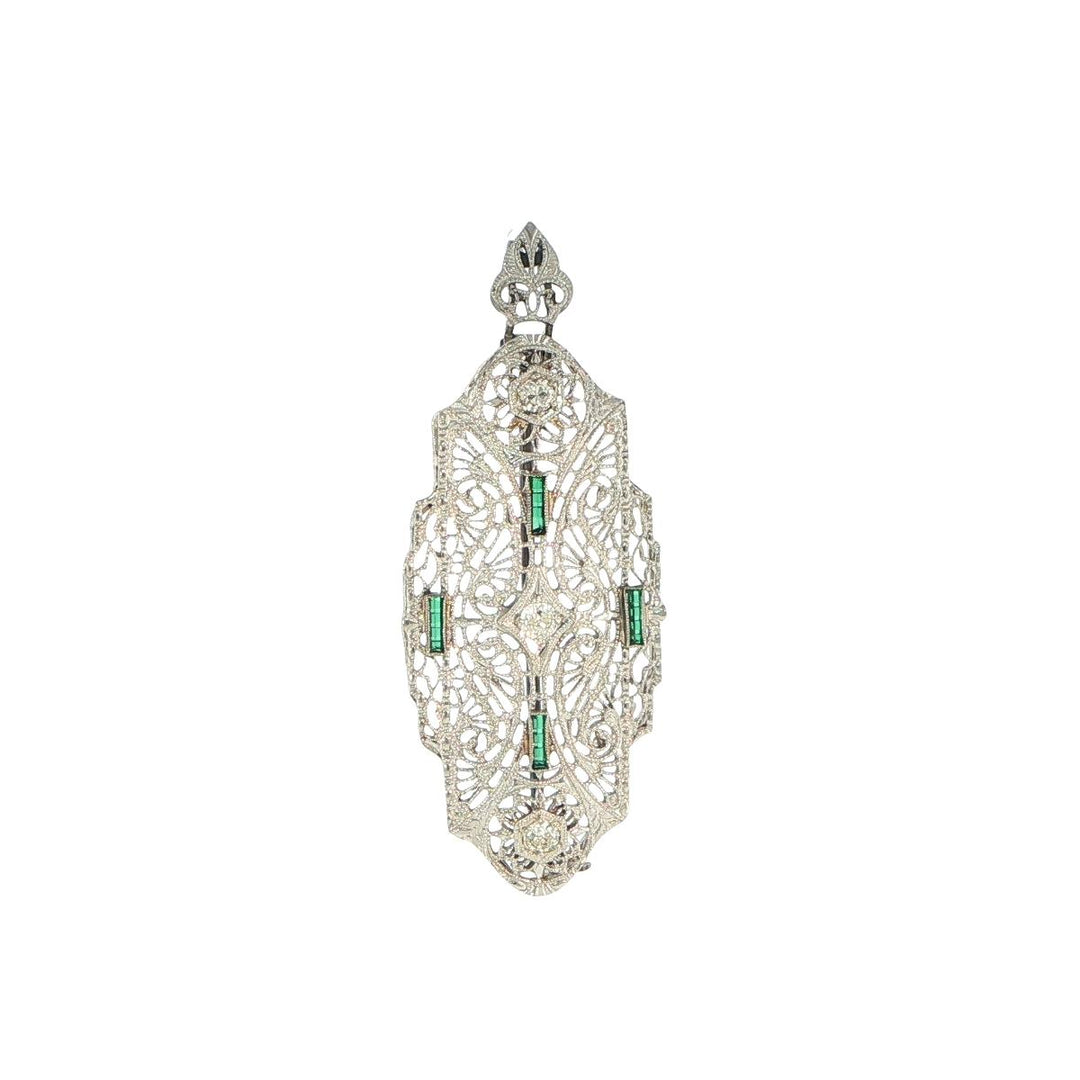 14K White Gold Art Deco Diamond & Emerald Pin
