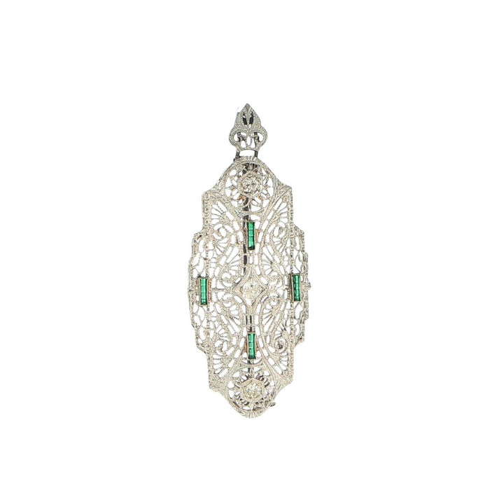 14K White Gold Art Deco Diamond & Emerald Pin