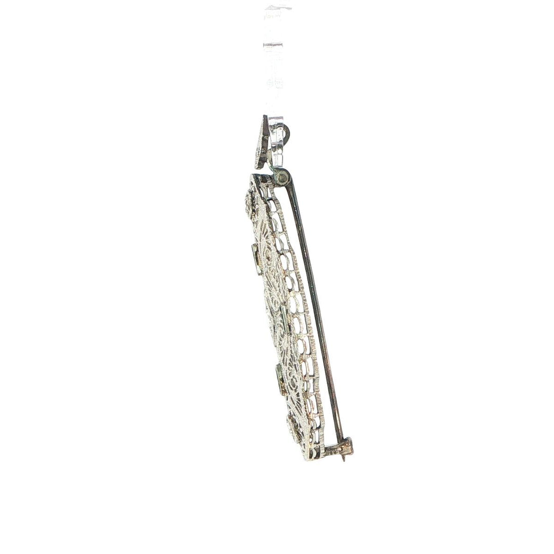 14K White Gold Art Deco Diamond & Emerald Pin
