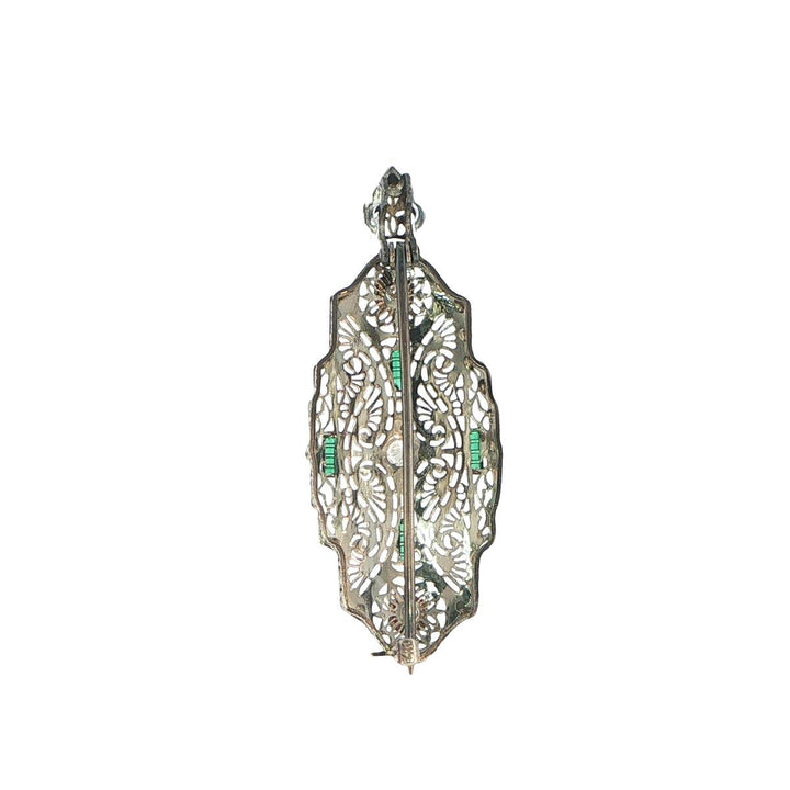 14K White Gold Art Deco Diamond & Emerald Pin