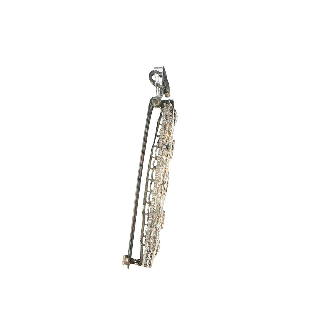 14K White Gold Art Deco Diamond & Emerald Pin