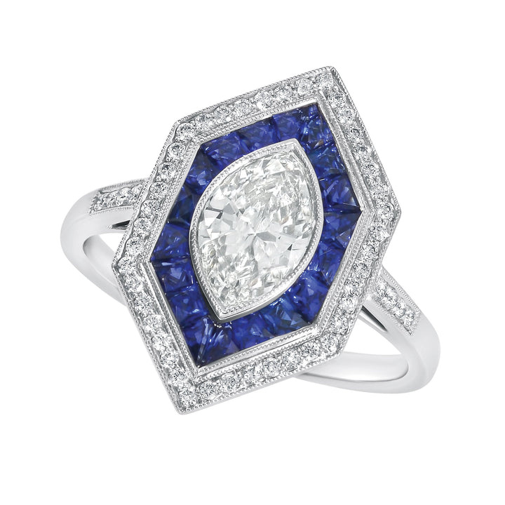Platinum Marquise Diamond, Sapphire, and Diamond Antique Ring