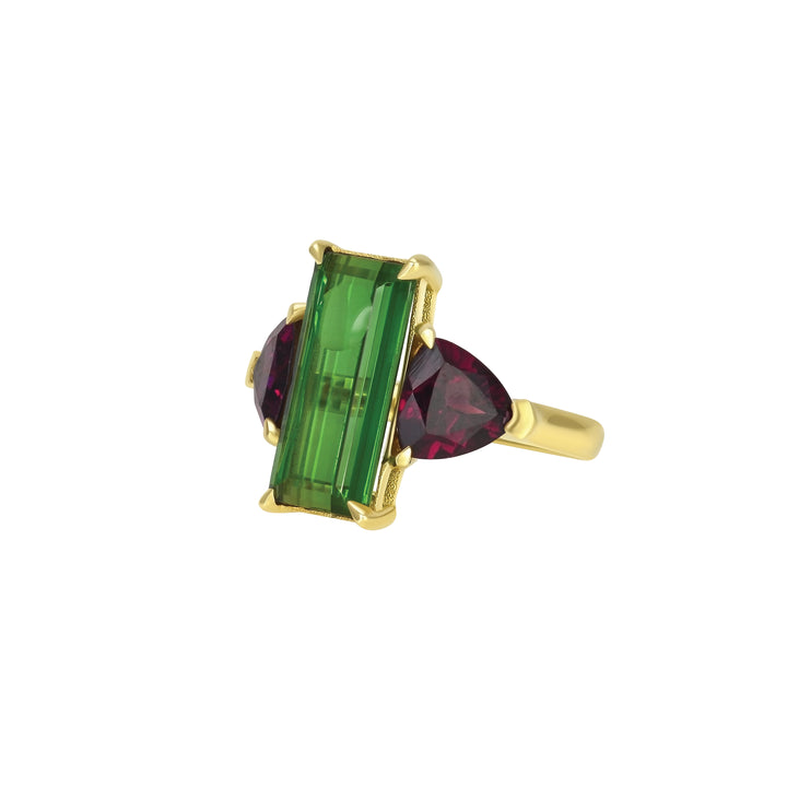 Tourmaline and Garnet Three Stone Ring