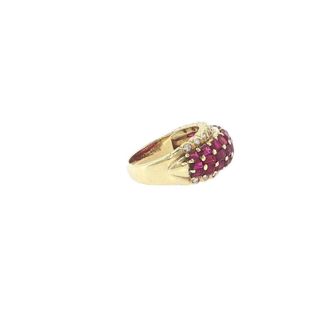 18K Yellow Gold Emerald Cut Ruby & Diamond Dome Ring