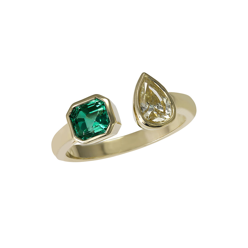 Bezel Set Diamond and Emerald Open Ring