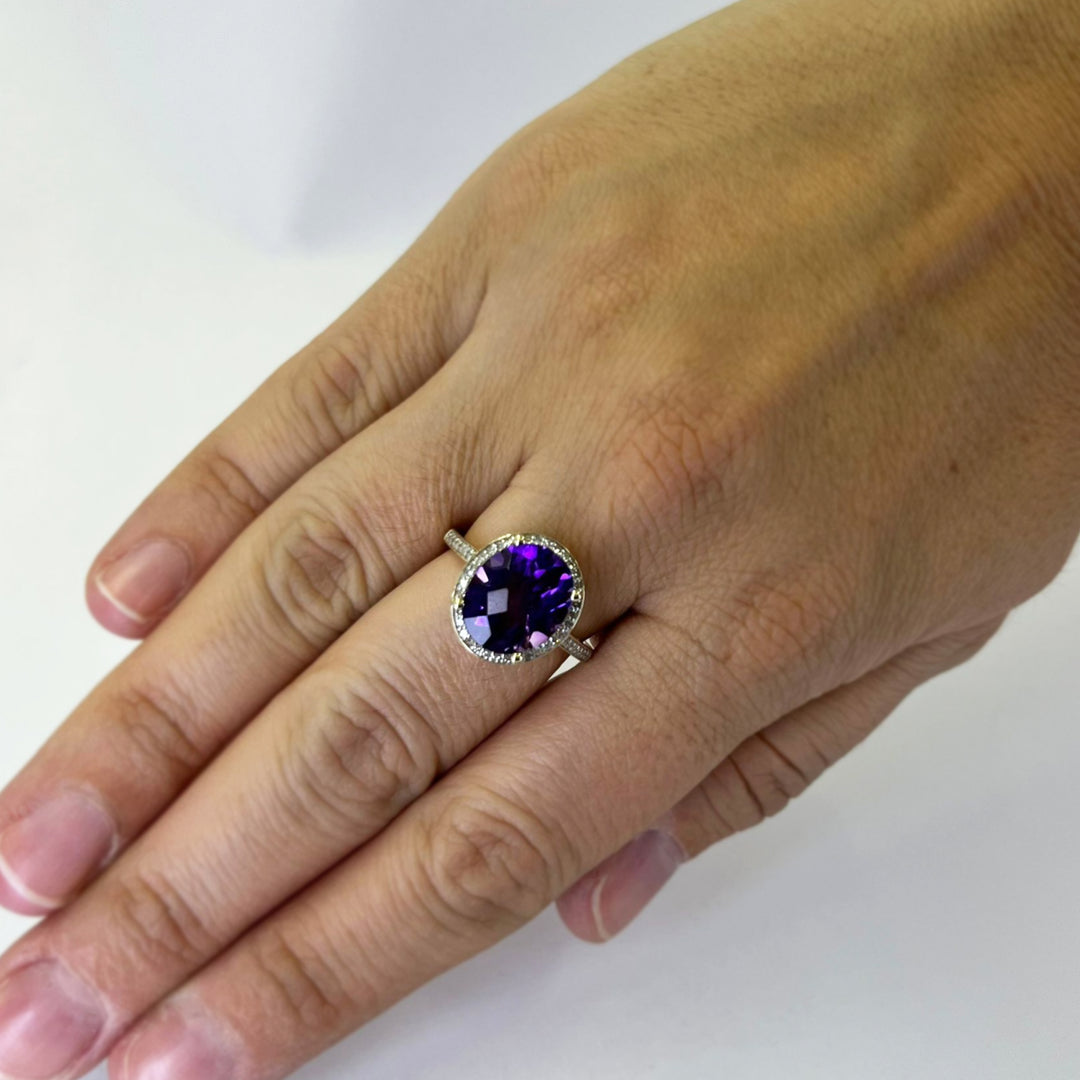 Amethyst and Diamond Halo Ring