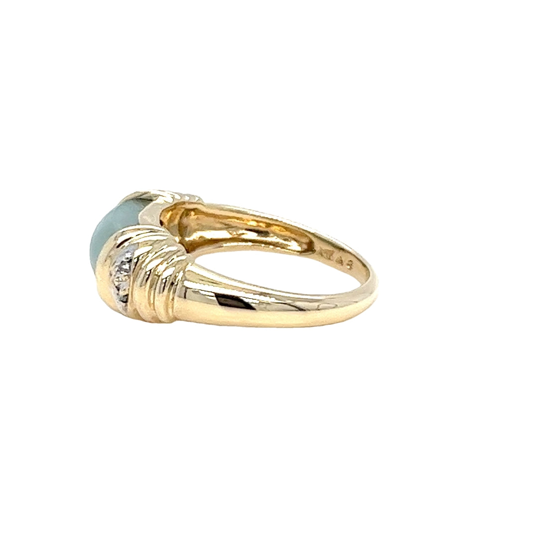 Vintage 14 Karat Yellow Gold Cabochon Jade and Diamond Ring
