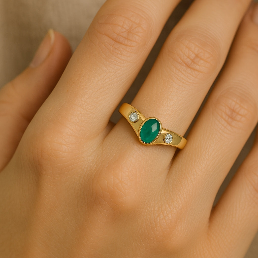 18K Yellow Gold Contour Band with Cabochon Emerald & Diamond Accents