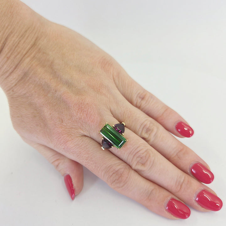 Tourmaline and Garnet Three Stone Ring