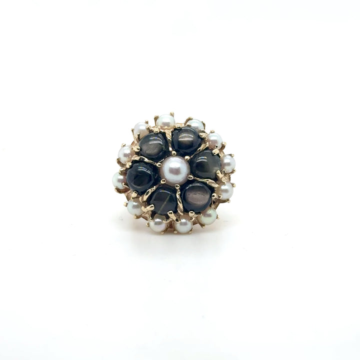 Floral Ring with Star Sapphires and Cultured Pearls