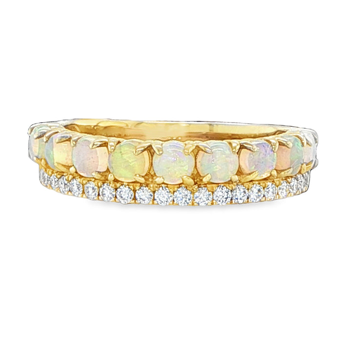 14K Yellow Gold Australian Opal Diamond Two Row Ring