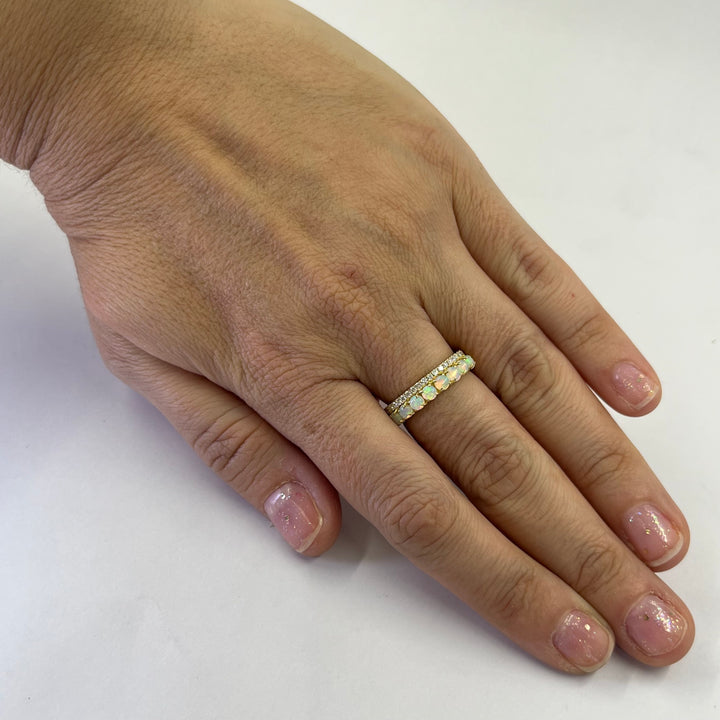 14K Yellow Gold Australian Opal Diamond Two Row Ring