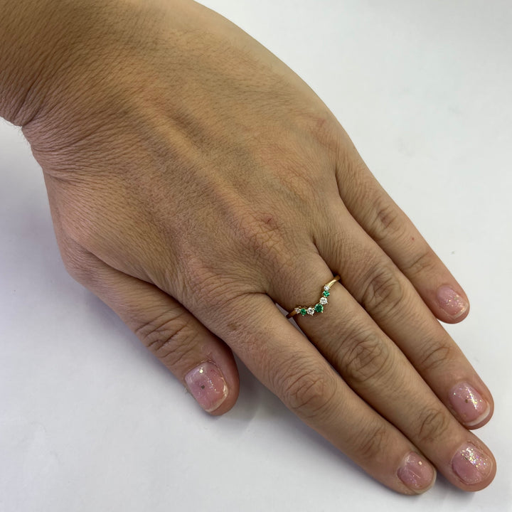 14K Yellow Gold Emerald and Diamond Curve Ring