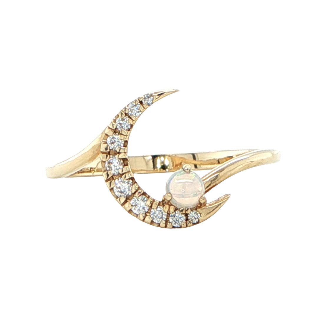 14K Yellow Gold Opal and Diamond Moon Ring