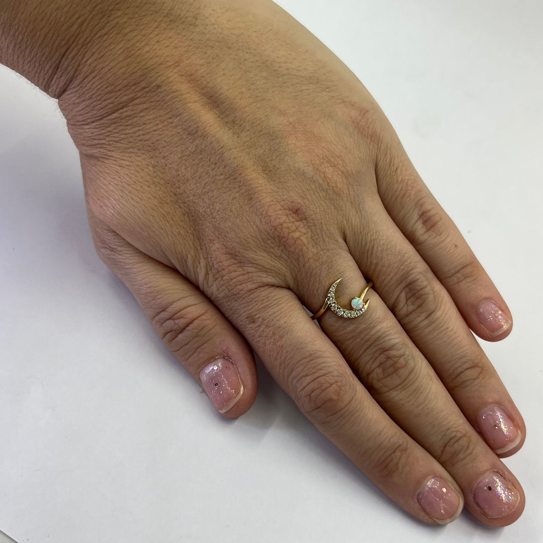 14K Yellow Gold Opal and Diamond Moon Ring
