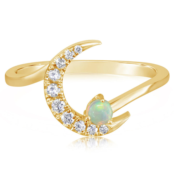14K Yellow Gold Opal and Diamond Moon Ring