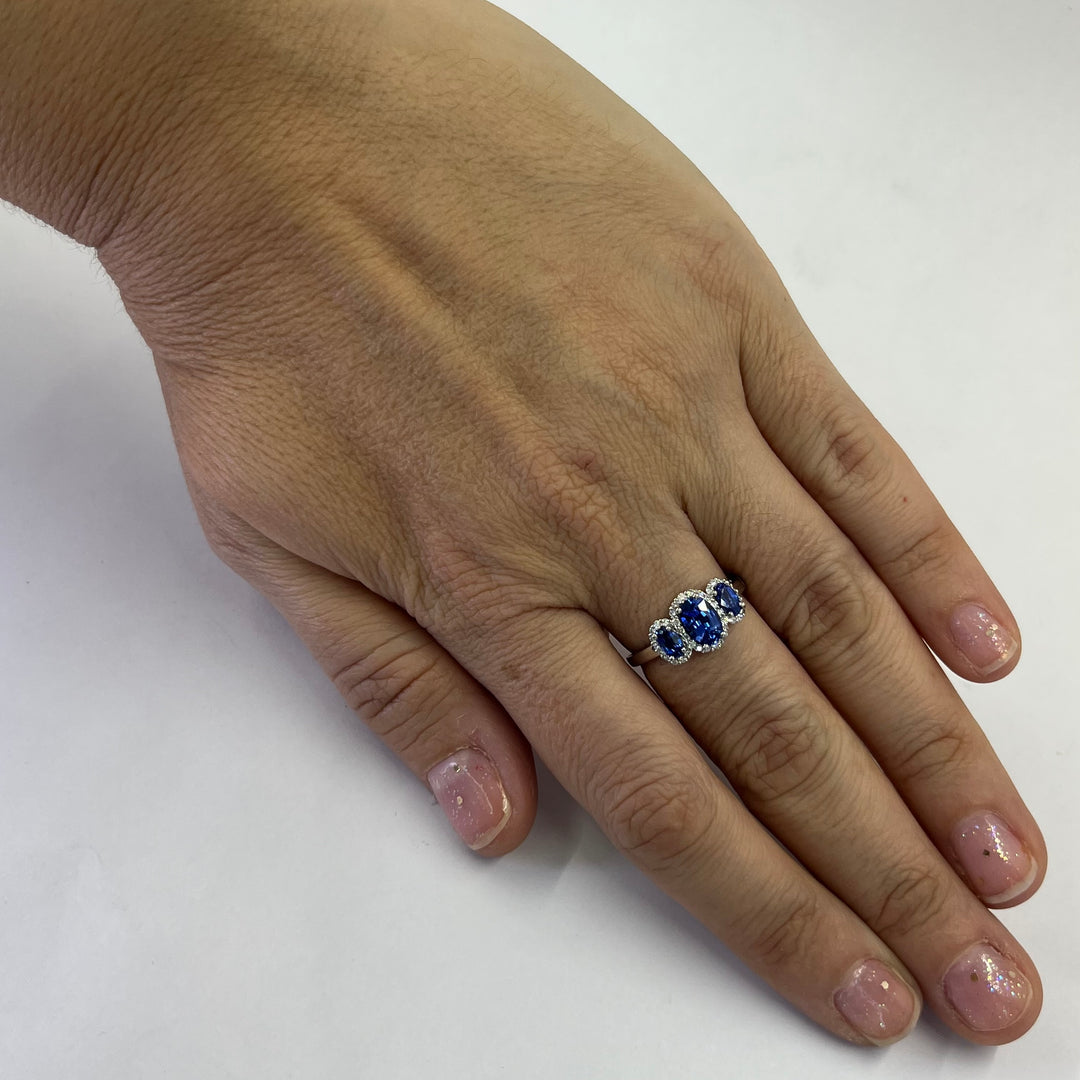 Platinum Three Stone Sapphire Diamond Ring