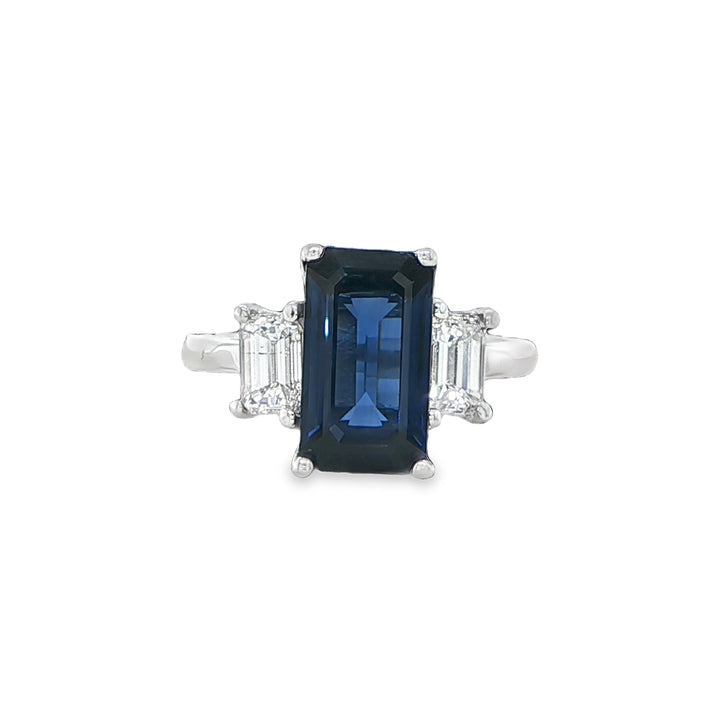 18K White Gold Blue Sapphire Diamond Three Stone Engagement Ring