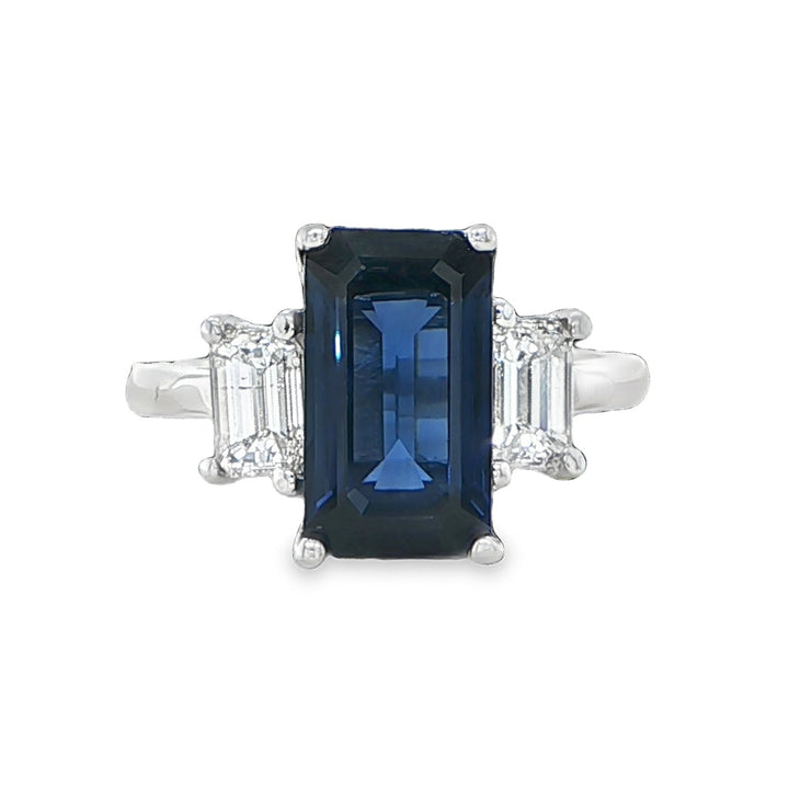 18K White Gold Blue Sapphire Diamond Three Stone Engagement Ring