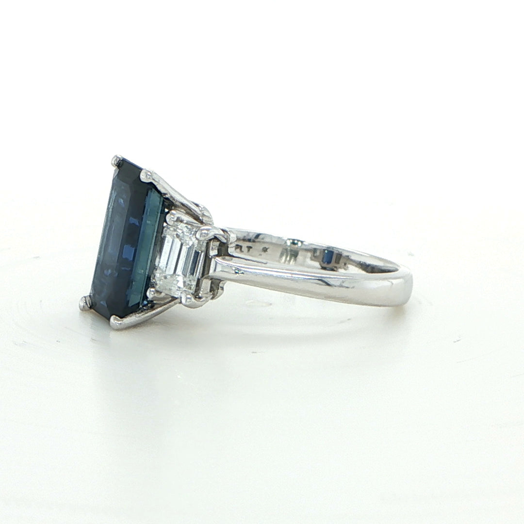 18K White Gold Blue Sapphire Diamond Three Stone Engagement Ring