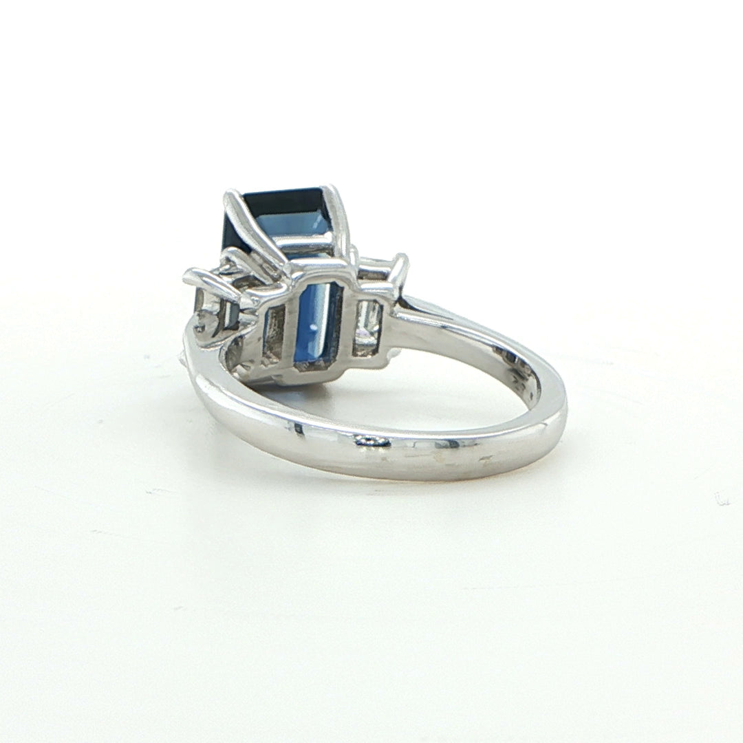 18K White Gold Blue Sapphire Diamond Three Stone Engagement Ring