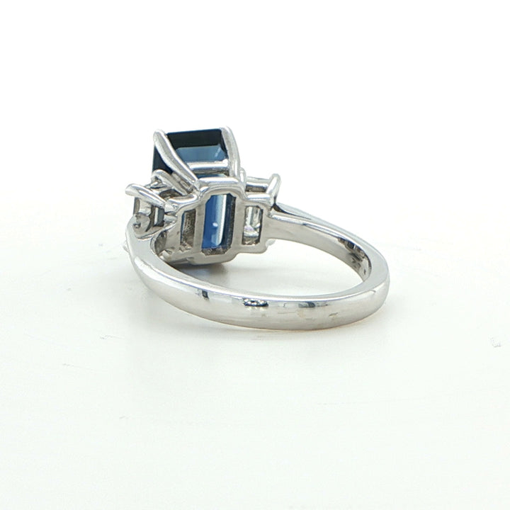 18K White Gold Blue Sapphire Diamond Three Stone Engagement Ring