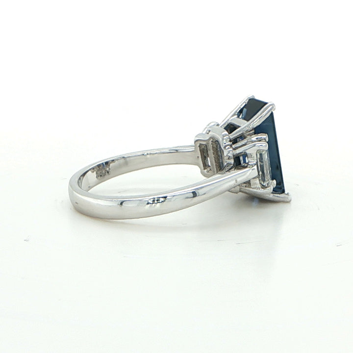 18K White Gold Blue Sapphire Diamond Three Stone Engagement Ring