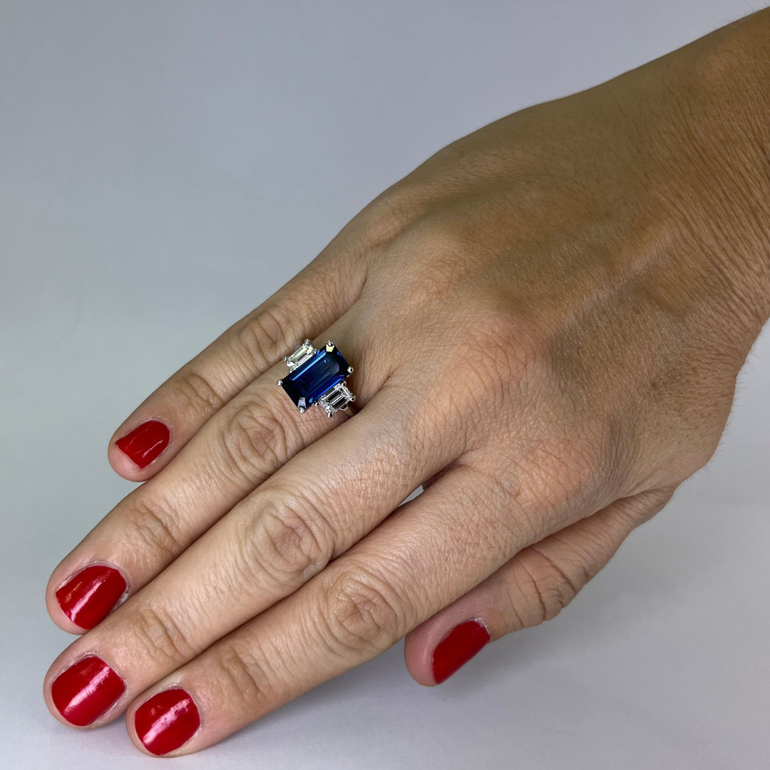 18K White Gold Blue Sapphire Diamond Three Stone Engagement Ring