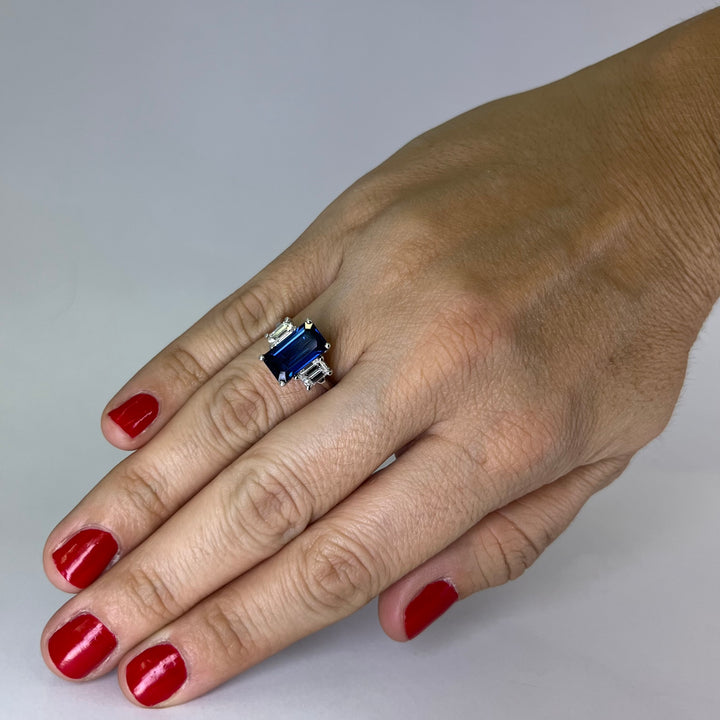 18K White Gold Blue Sapphire Diamond Three Stone Engagement Ring