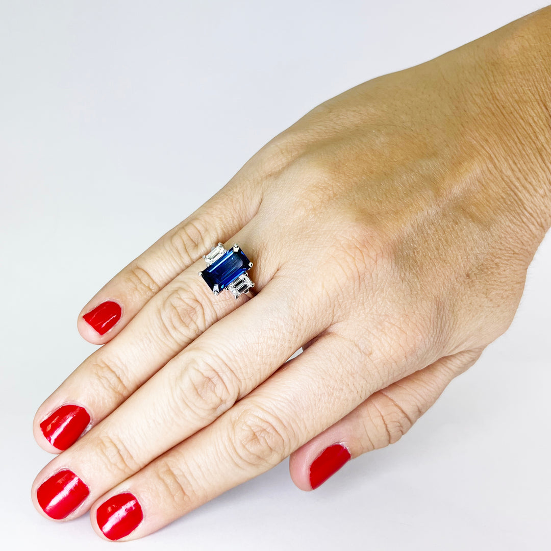 18K White Gold Blue Sapphire Diamond Three Stone Engagement Ring
