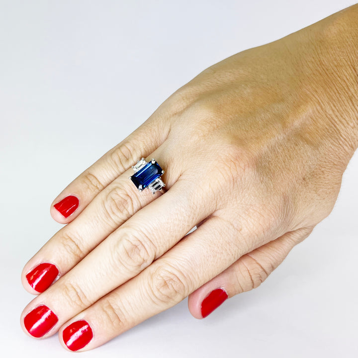 18K White Gold Blue Sapphire Diamond Three Stone Engagement Ring