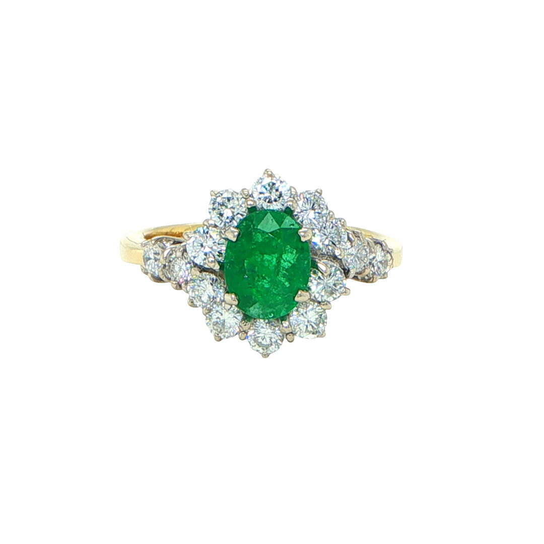 18K Yellow & White Gold Emerald and Diamond Halo Ring