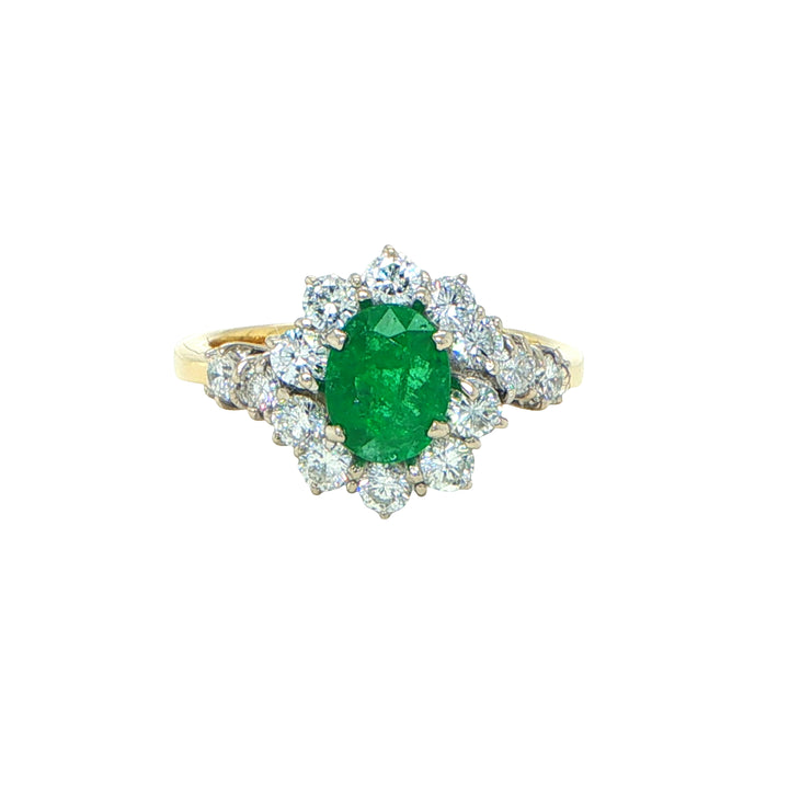18K Yellow & White Gold Emerald and Diamond Halo Ring