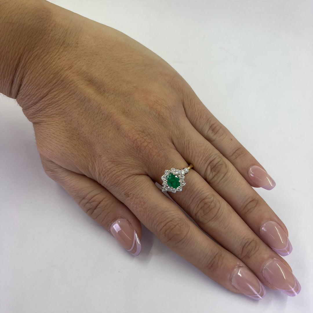 18K Yellow & White Gold Emerald and Diamond Halo Ring