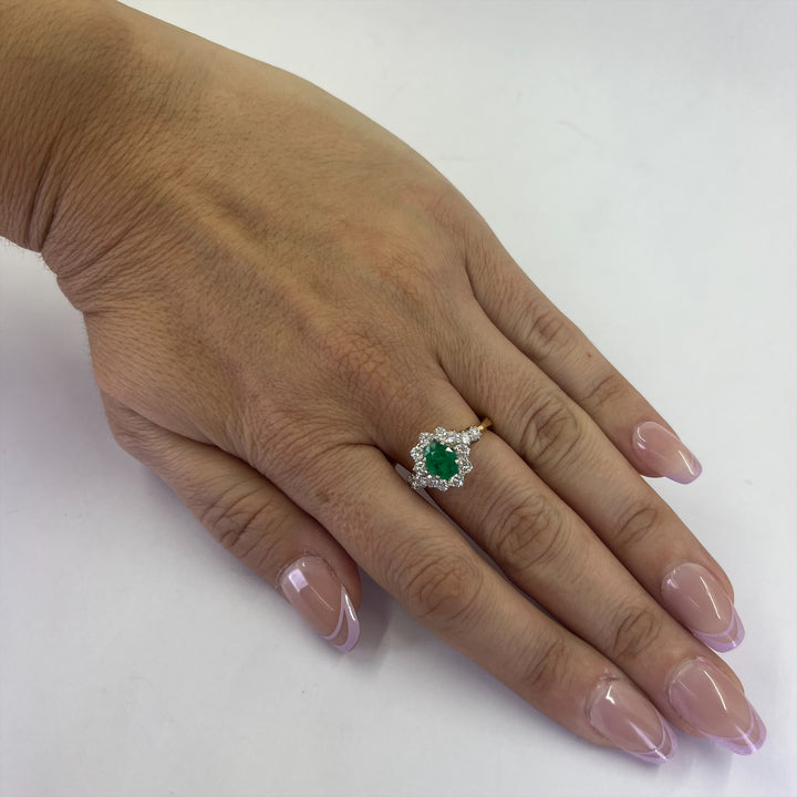 18K Yellow & White Gold Emerald and Diamond Halo Ring