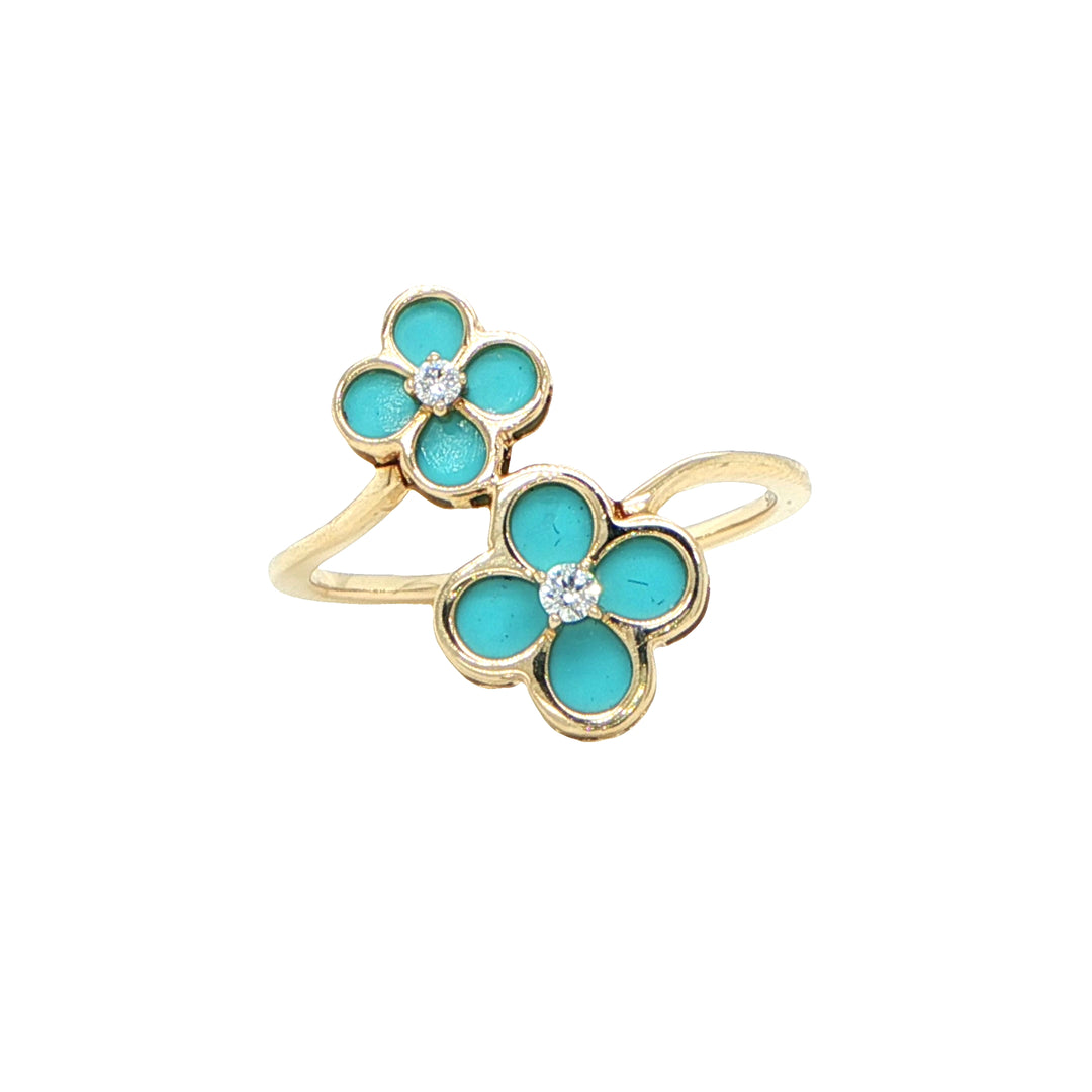 14K Yellow Gold Double Flower Turquoise & Diamond Ring