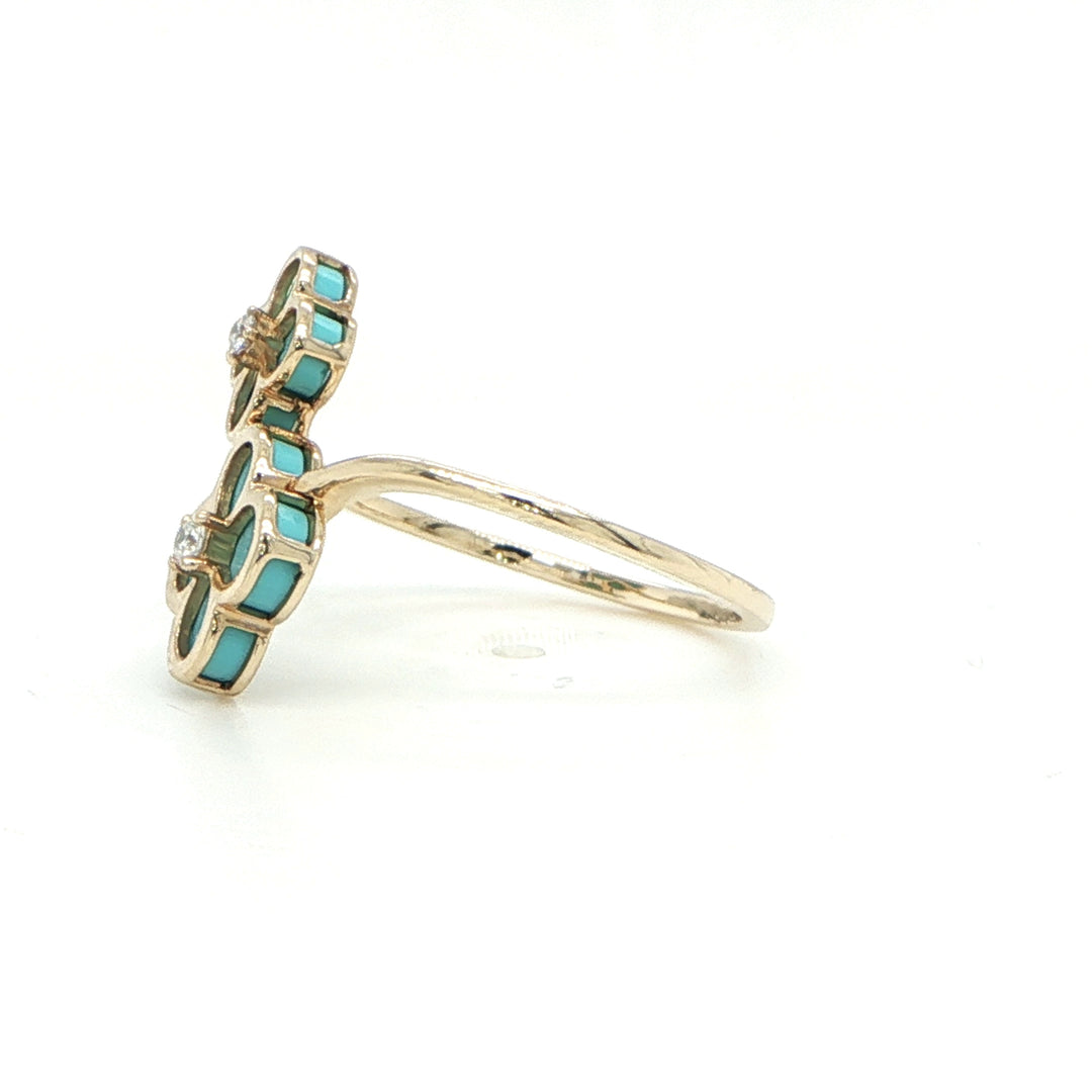 14K Yellow Gold Double Flower Turquoise & Diamond Ring