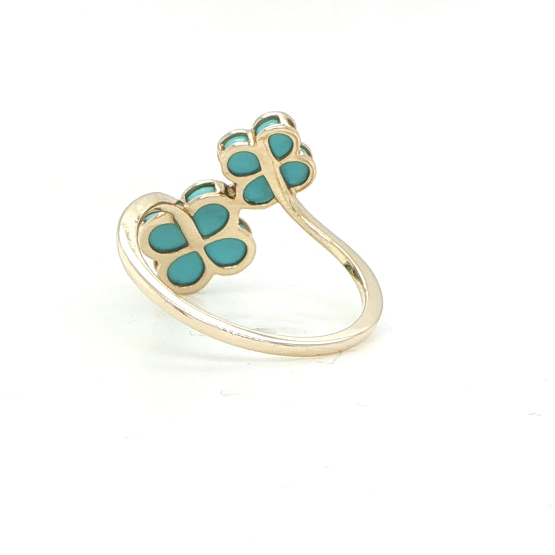 14K Yellow Gold Double Flower Turquoise & Diamond Ring