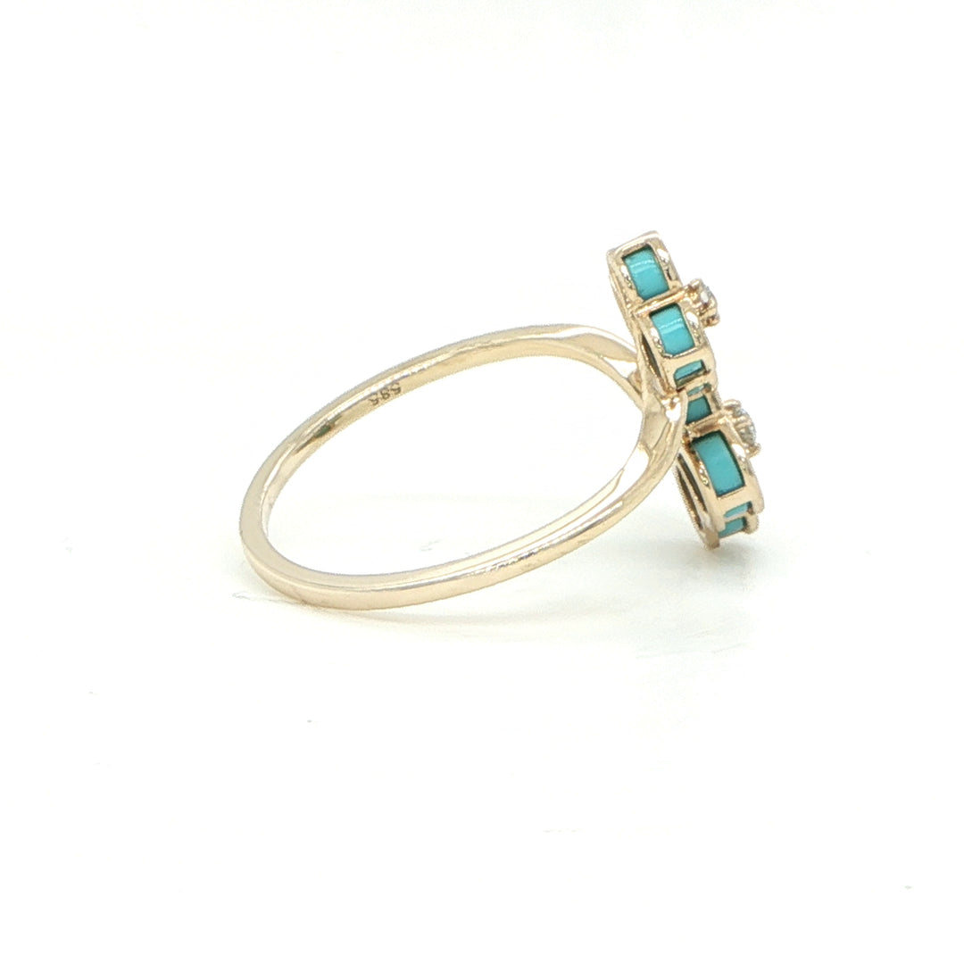 14K Yellow Gold Double Flower Turquoise & Diamond Ring