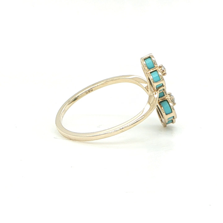 14K Yellow Gold Double Flower Turquoise & Diamond Ring
