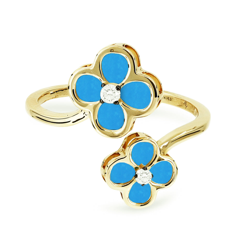 14K Yellow Gold Double Flower Turquoise & Diamond Ring