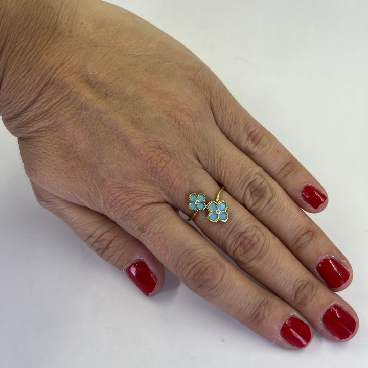 14K Yellow Gold Double Flower Turquoise & Diamond Ring
